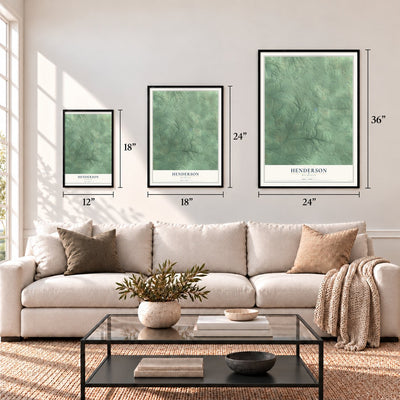 Henderson, Michigan map in 12 x 18, 18 x 24 and 24 x 36 inch sizes above a sofa