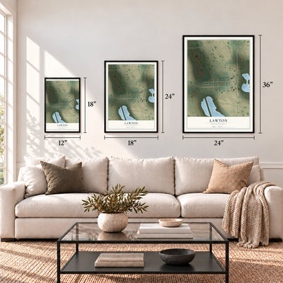 Lawton, North Dakota map in 12 x 18, 18 x 24 and 24 x 36 inch sizes above a sofa
