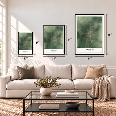 Sorento, Illinois map in 12 x 18, 18 x 24 and 24 x 36 inch sizes above a sofa