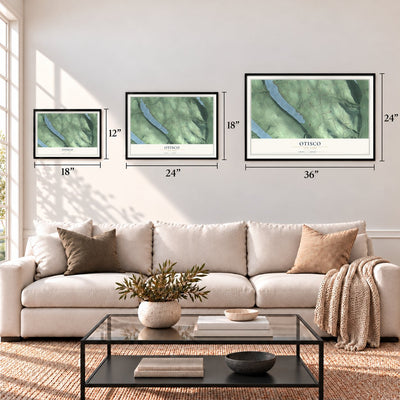 Otisco, New York map in 12 x 18, 18 x 24 and 24 x 36 inch sizes above a sofa