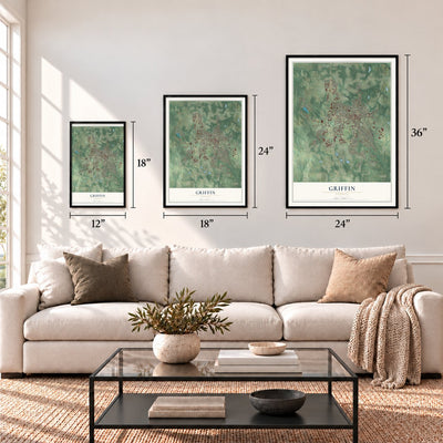 Griffin, Georgia map in 12 x 18, 18 x 24 and 24 x 36 inch sizes above a sofa