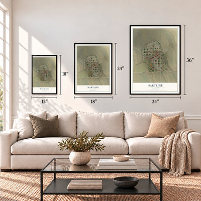 Hartline, Washington map in 12 x 18, 18 x 24 and 24 x 36 inch sizes above a sofa