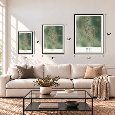 Tripp, South Dakota map in 12 x 18, 18 x 24 and 24 x 36 inch sizes above a sofa