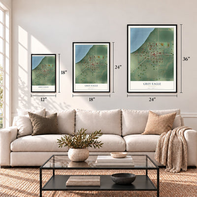 Grey Eagle, Minnesota map in 12 x 18, 18 x 24 and 24 x 36 inch sizes above a sofa