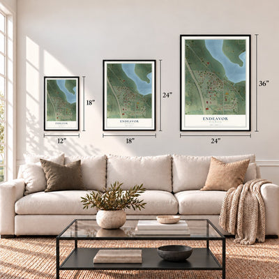 Endeavor, Wisconsin map in 12 x 18, 18 x 24 and 24 x 36 inch sizes above a sofa