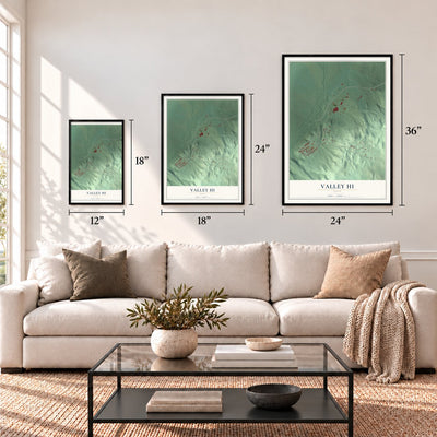 Valley Hi, Ohio map in 12 x 18, 18 x 24 and 24 x 36 inch sizes above a sofa