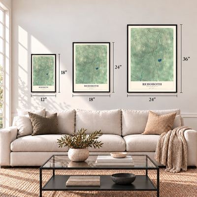 Rehoboth, Massachusetts map in 12 x 18, 18 x 24 and 24 x 36 inch sizes above a sofa