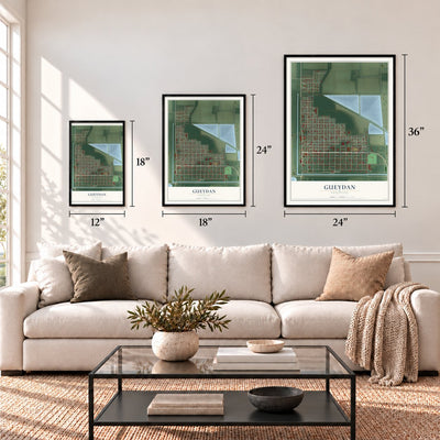 Gueydan, Louisiana map in 12 x 18, 18 x 24 and 24 x 36 inch sizes above a sofa