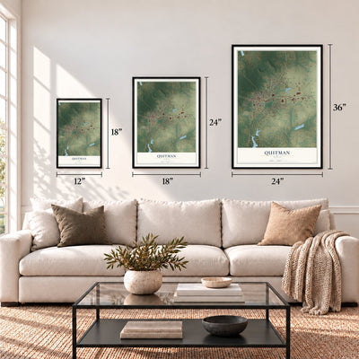 Quitman, Texas map in 12 x 18, 18 x 24 and 24 x 36 inch sizes above a sofa
