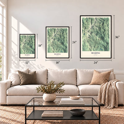 Reading, Vermont map in 12 x 18, 18 x 24 and 24 x 36 inch sizes above a sofa