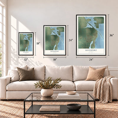 Keyesport, Illinois map in 12 x 18, 18 x 24 and 24 x 36 inch sizes above a sofa