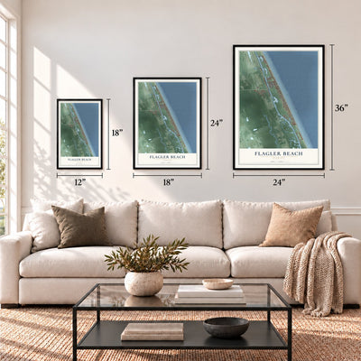 Flagler Beach, Florida map in 12 x 18, 18 x 24 and 24 x 36 inch sizes above a sofa