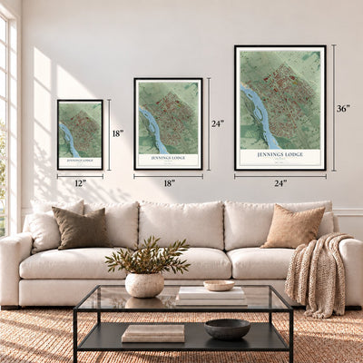 Jennings Lodge, Oregon map in 12 x 18, 18 x 24 and 24 x 36 inch sizes above a sofa