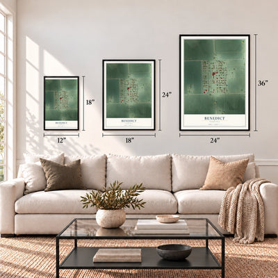 Benedict, Nebraska map in 12 x 18, 18 x 24 and 24 x 36 inch sizes above a sofa