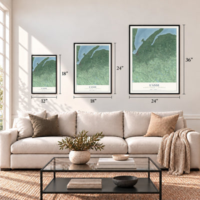 L'Anse, Baraga County, Michigan map in 12 x 18, 18 x 24 and 24 x 36 inch sizes above a sofa