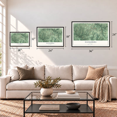 Hackleburg, Alabama map in 12 x 18, 18 x 24 and 24 x 36 inch sizes above a sofa
