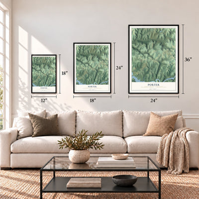 Porter, Jefferson County, Pennsylvania map in 12 x 18, 18 x 24 and 24 x 36 inch sizes above a sofa