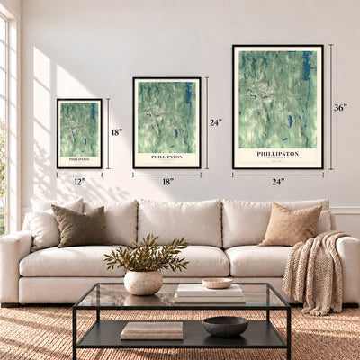 Phillipston, Massachusetts map in 12 x 18, 18 x 24 and 24 x 36 inch sizes above a sofa