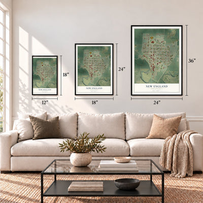 New England, North Dakota map in 12 x 18, 18 x 24 and 24 x 36 inch sizes above a sofa