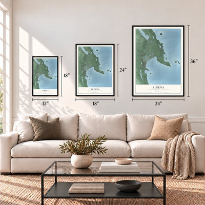 Alpena, Alpena County, Michigan map in 12 x 18, 18 x 24 and 24 x 36 inch sizes above a sofa