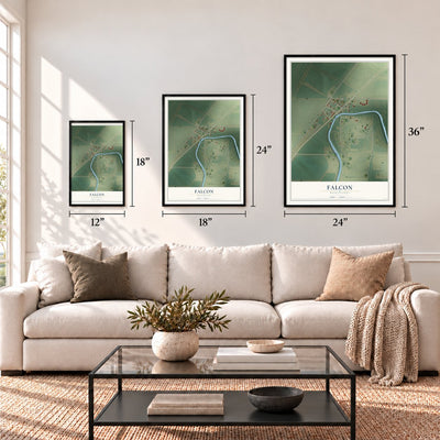 Falcon, Mississippi map in 12 x 18, 18 x 24 and 24 x 36 inch sizes above a sofa