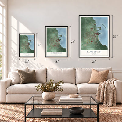 Harbor Beach, Michigan map in 12 x 18, 18 x 24 and 24 x 36 inch sizes above a sofa