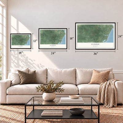 La Salle, Michigan map in 12 x 18, 18 x 24 and 24 x 36 inch sizes above a sofa