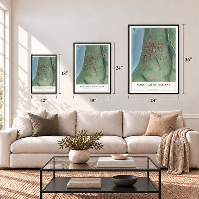 Borough of Halifax, Dauphin County, Pennsylvania map in 12 x 18, 18 x 24 and 24 x 36 inch sizes above a sofa