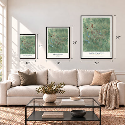 Locust Grove, Georgia map in 12 x 18, 18 x 24 and 24 x 36 inch sizes above a sofa