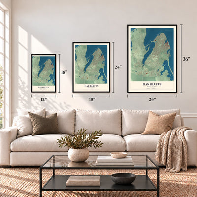 Oak Bluffs, Massachusetts map in 12 x 18, 18 x 24 and 24 x 36 inch sizes above a sofa