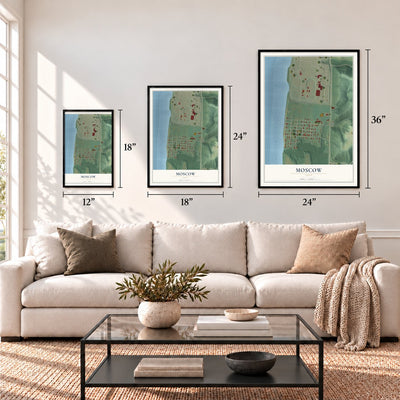 Moscow, Ohio map in 12 x 18, 18 x 24 and 24 x 36 inch sizes above a sofa
