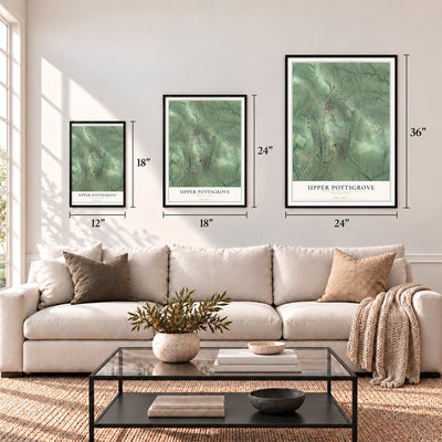 Upper Pottsgrove, Pennsylvania map in 12 x 18, 18 x 24 and 24 x 36 inch sizes above a sofa