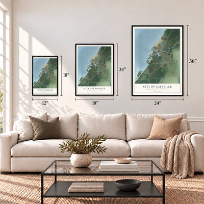 Caseville, Michigan map in 12 x 18, 18 x 24 and 24 x 36 inch sizes above a sofa