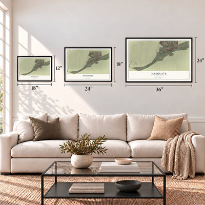 Mesquite, Nevada map in 12 x 18, 18 x 24 and 24 x 36 inch sizes above a sofa