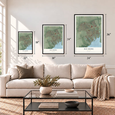 Bay Shore, New York map in 12 x 18, 18 x 24 and 24 x 36 inch sizes above a sofa