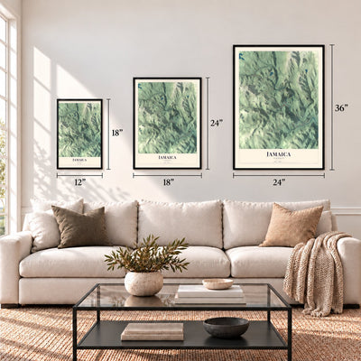 Jamaica, Vermont map in 12 x 18, 18 x 24 and 24 x 36 inch sizes above a sofa