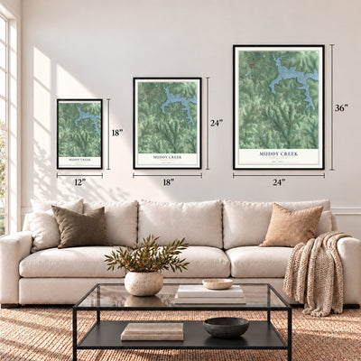 Muddy Creek, Pennsylvania map in 12 x 18, 18 x 24 and 24 x 36 inch sizes above a sofa
