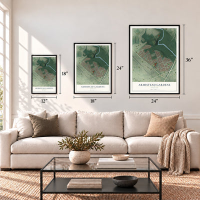 Armistead Gardens, Maryland map in 12 x 18, 18 x 24 and 24 x 36 inch sizes above a sofa