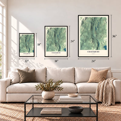 Craftsbury, Vermont map in 12 x 18, 18 x 24 and 24 x 36 inch sizes above a sofa