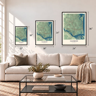 Salisbury, Massachusetts map in 12 x 18, 18 x 24 and 24 x 36 inch sizes above a sofa