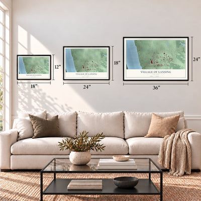 Village of Lansing, New York map in 12 x 18, 18 x 24 and 24 x 36 inch sizes above a sofa