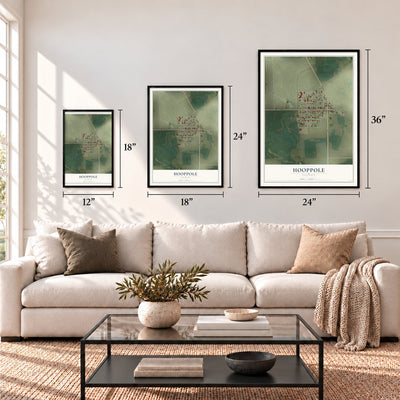 Hooppole, Illinois map in 12 x 18, 18 x 24 and 24 x 36 inch sizes above a sofa