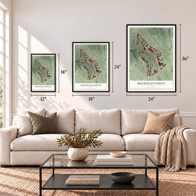 Buckhead Forest, Georgia map in 12 x 18, 18 x 24 and 24 x 36 inch sizes above a sofa