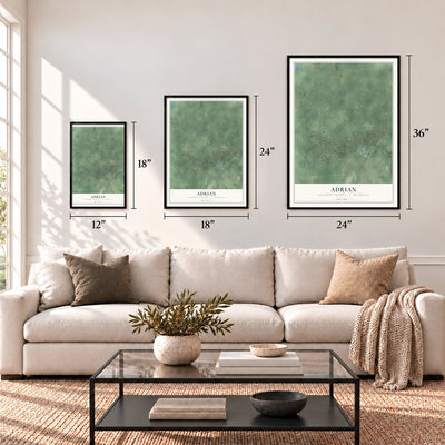Adrian, Lenawee County, Michigan map in 12 x 18, 18 x 24 and 24 x 36 inch sizes above a sofa