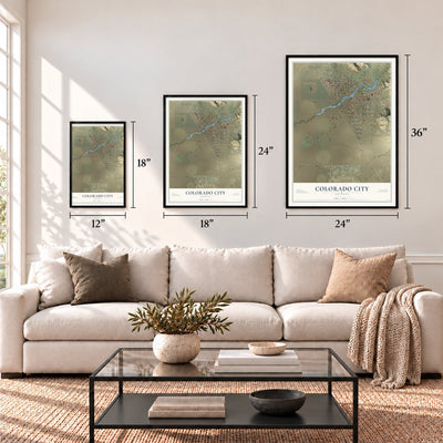 Colorado City, Arizona map in 12 x 18, 18 x 24 and 24 x 36 inch sizes above a sofa