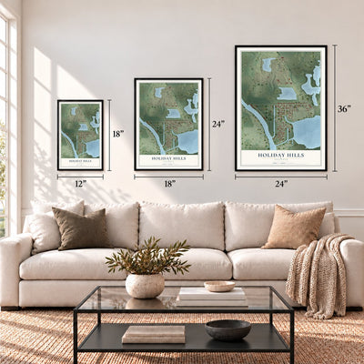 Holiday Hills, Illinois map in 12 x 18, 18 x 24 and 24 x 36 inch sizes above a sofa