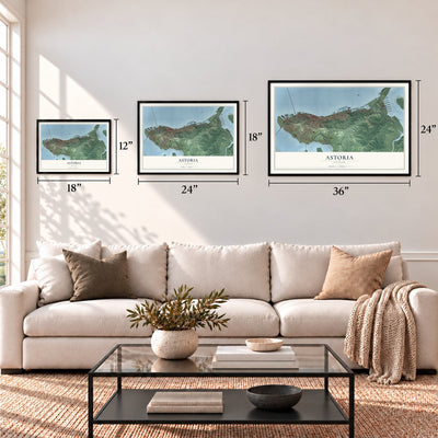 Astoria, Oregon map in 12 x 18, 18 x 24 and 24 x 36 inch sizes above a sofa