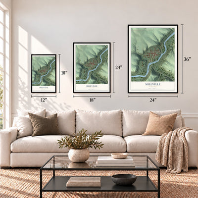 Millville, Minnesota map in 12 x 18, 18 x 24 and 24 x 36 inch sizes above a sofa