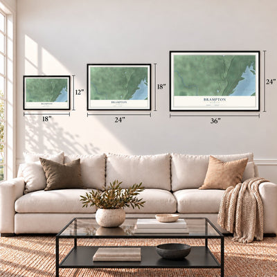 Brampton, Michigan map in 12 x 18, 18 x 24 and 24 x 36 inch sizes above a sofa