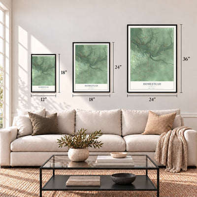 Homestead, Michigan map in 12 x 18, 18 x 24 and 24 x 36 inch sizes above a sofa